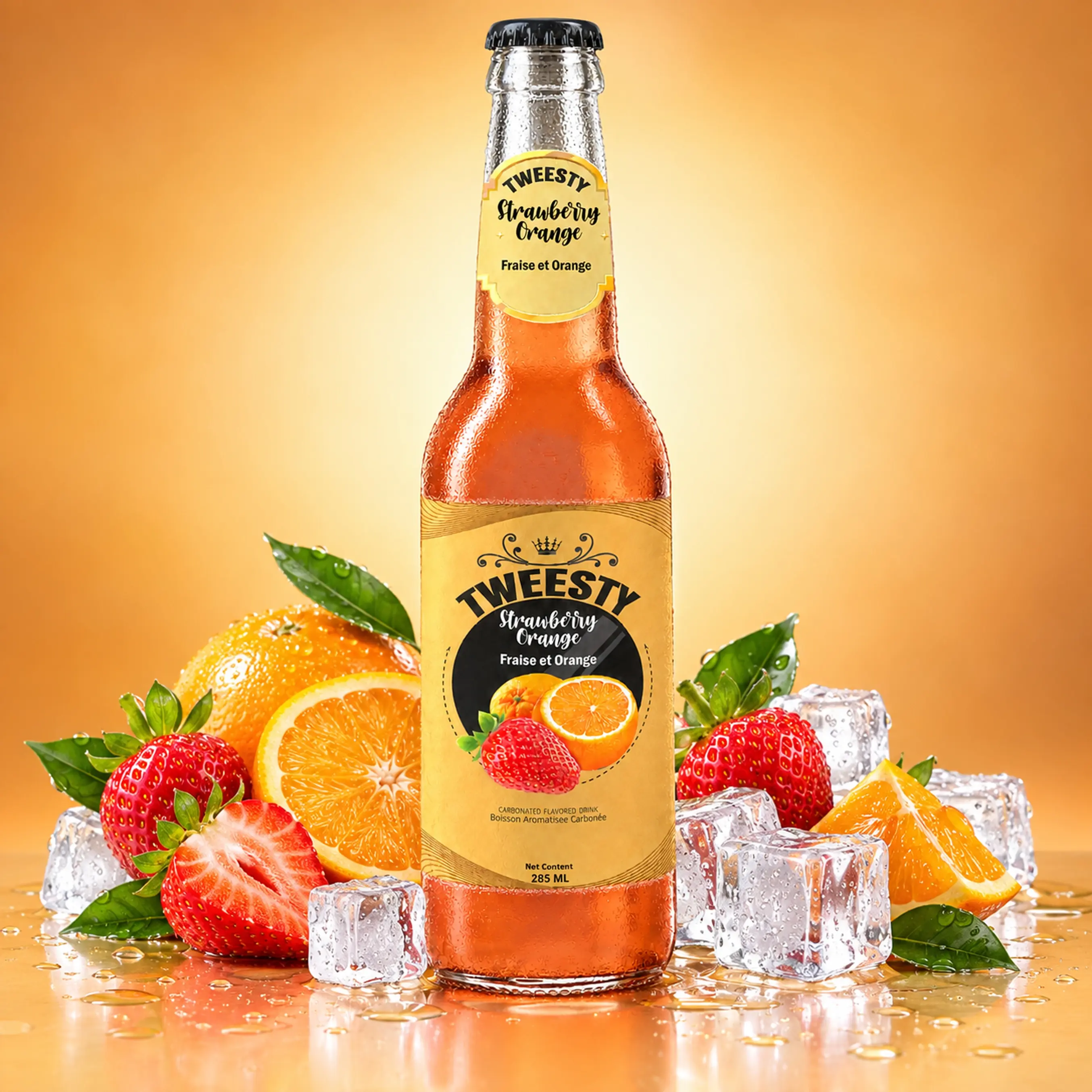 TWEESTY Strawberry Orange carbonated flavoured drink 285ml glass bottle with strawberries, oranges and ice